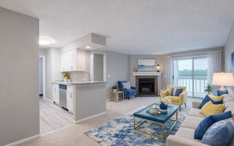 Staged apartment living room with blue and yellow accents