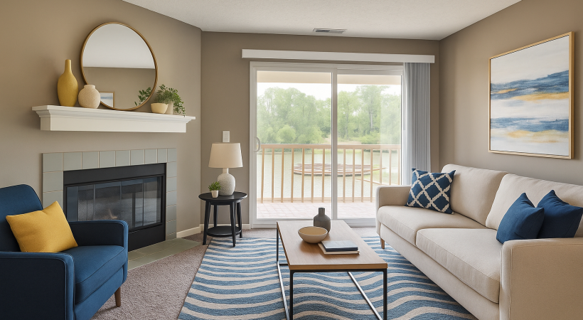 Staged living room with blue and yellow decor