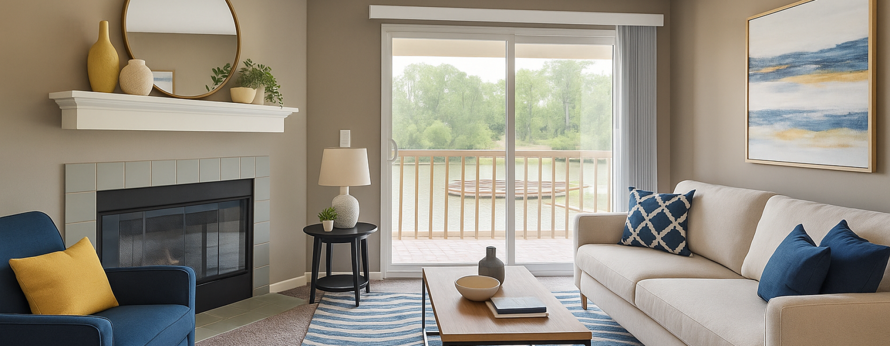 Staged living room with blue and yellow decor